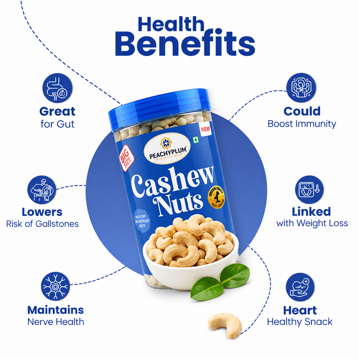 Premium Cashews W140, Jumbo Whole Kaju, 500g, High Protein, Cholesterol Free, Trans Fat Free, Source of Dietary Fibre