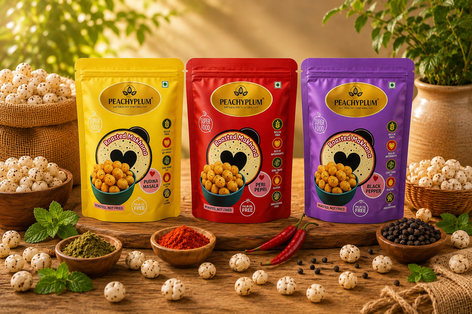 Makhana sorting, grading and packaging facility with branded PeachyPlum Cashew Nuts products in a production environment.