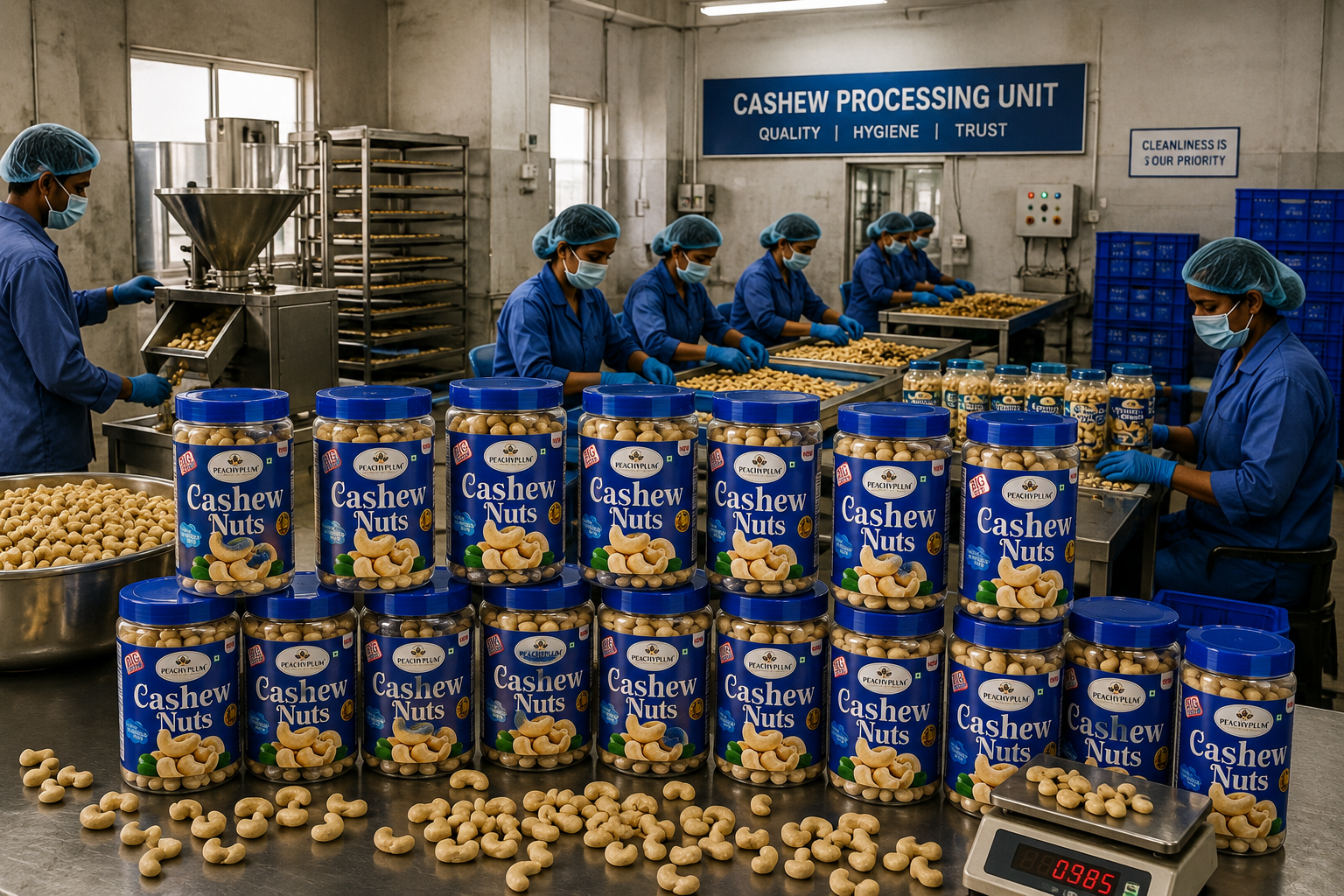 PeachyPlum Cashew Nuts displayed on a stainless-steel table inside a hygienic cashew processing unit with workers sorting and packaging premium cashews.