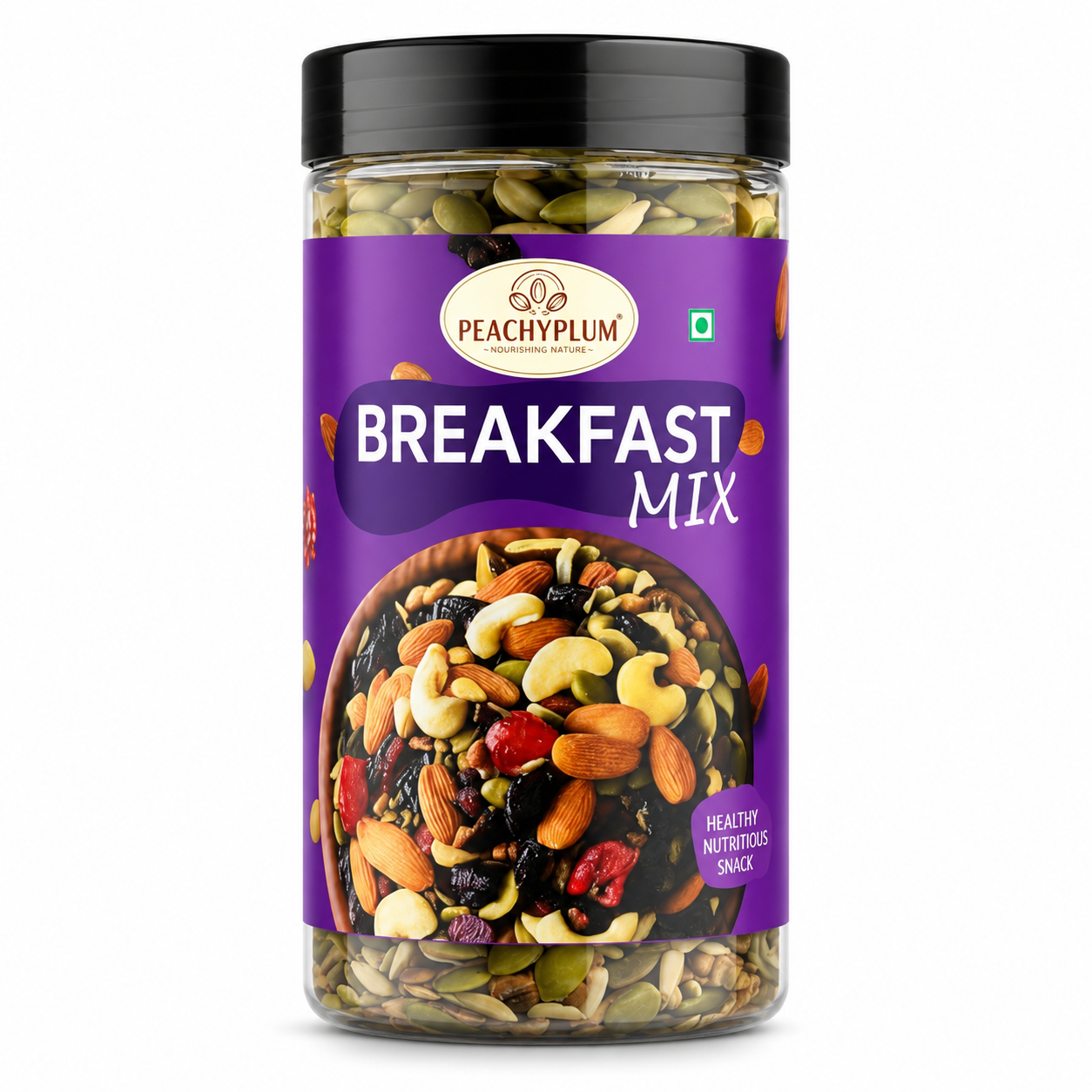 Nutnherbs Breakfast Mix 500g with roasted almonds, seeds, raisins, black currants, cranberries and blueberries in resealable jar