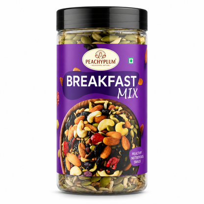 Nutnherbs Breakfast Mix 500g with roasted almonds, seeds, raisins, black currants, cranberries and blueberries in resealable jar