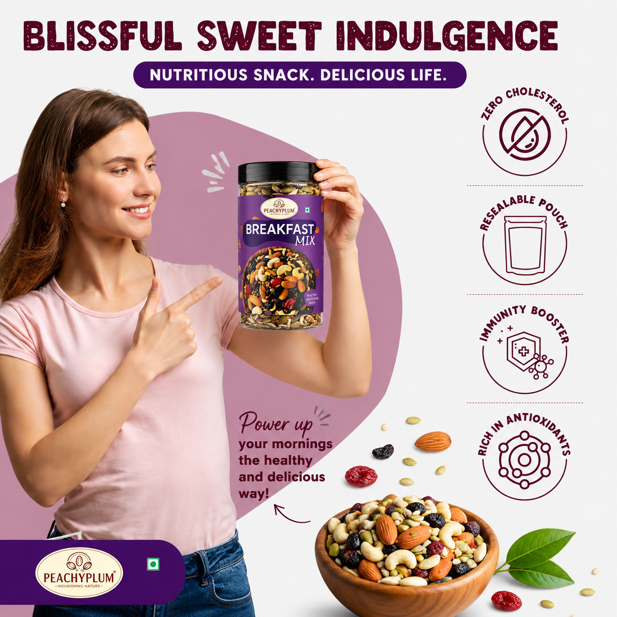 Healthy breakfast mix with premium almonds, seeds and dried berries by Nutnherbs