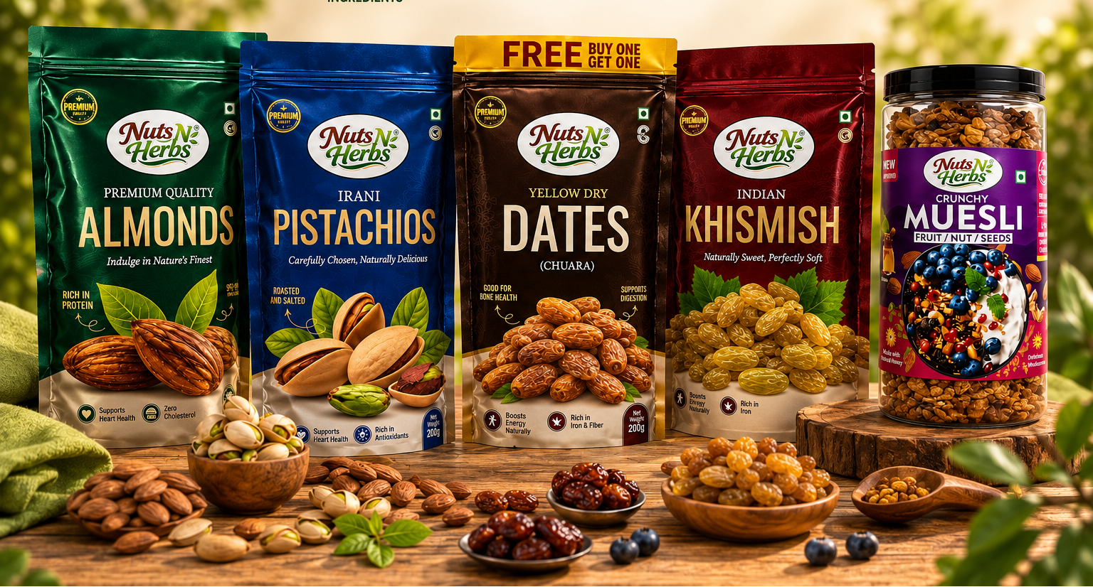     Premium dry fruits and muesli products by Nuts N Herbs displayed in a healthy snack collection ban