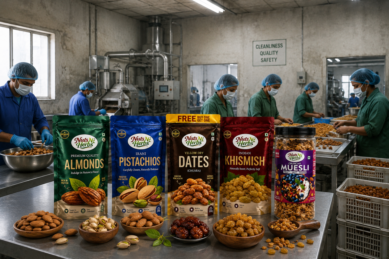 Nuts N Herbs almonds, pistachios, dates, raisins and muesli product range for healthy daily nutrition.